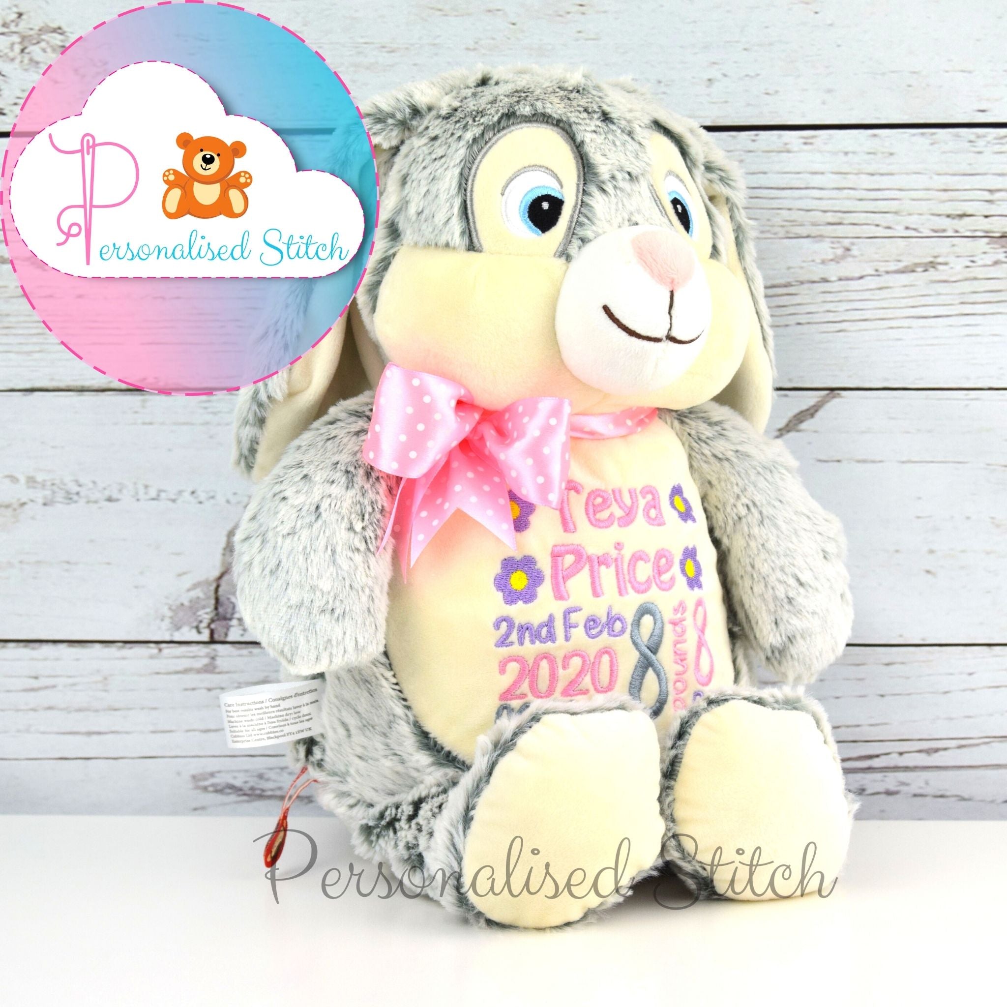 personalised embroidered grey bunny soft toy