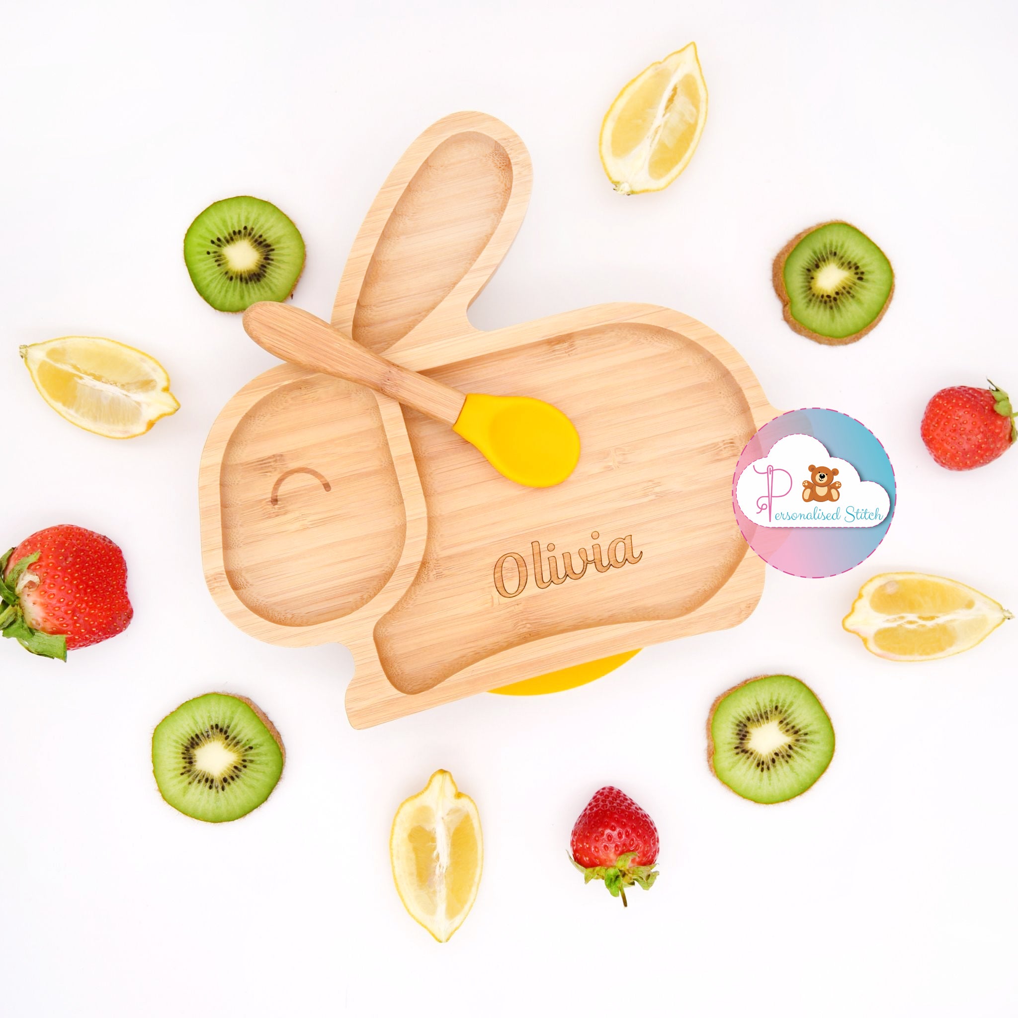 personalised baby plate rabbit bamboo with spoon