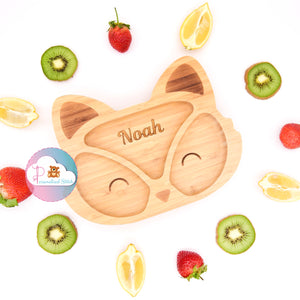 personalised baby fox bamboo plate suction cup