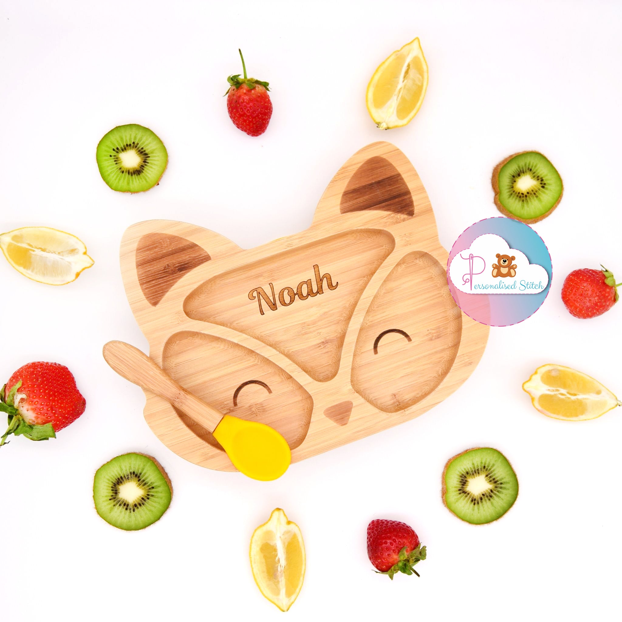 personalised baby fox bamboo plate suction cup with spoon