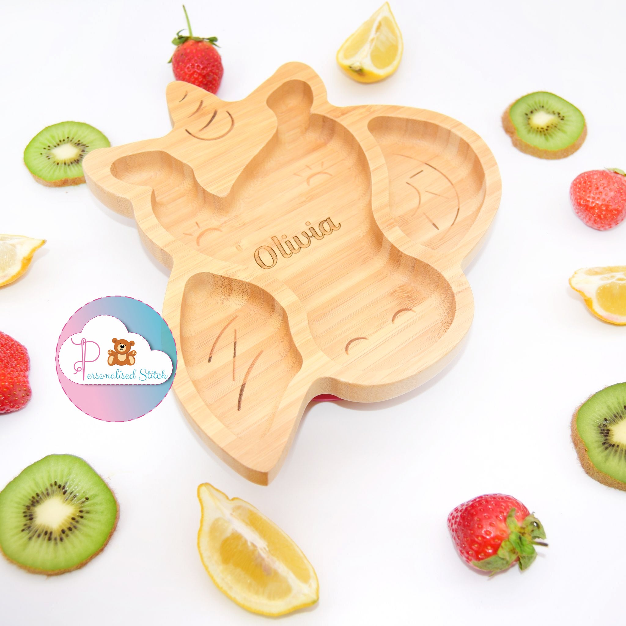 personalised baby plate unicorn bamboo with suction cup