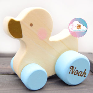 personalised blue wooden push along duck