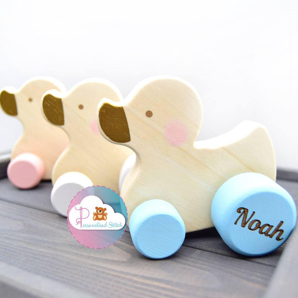 personalised engraved wooden push along duck