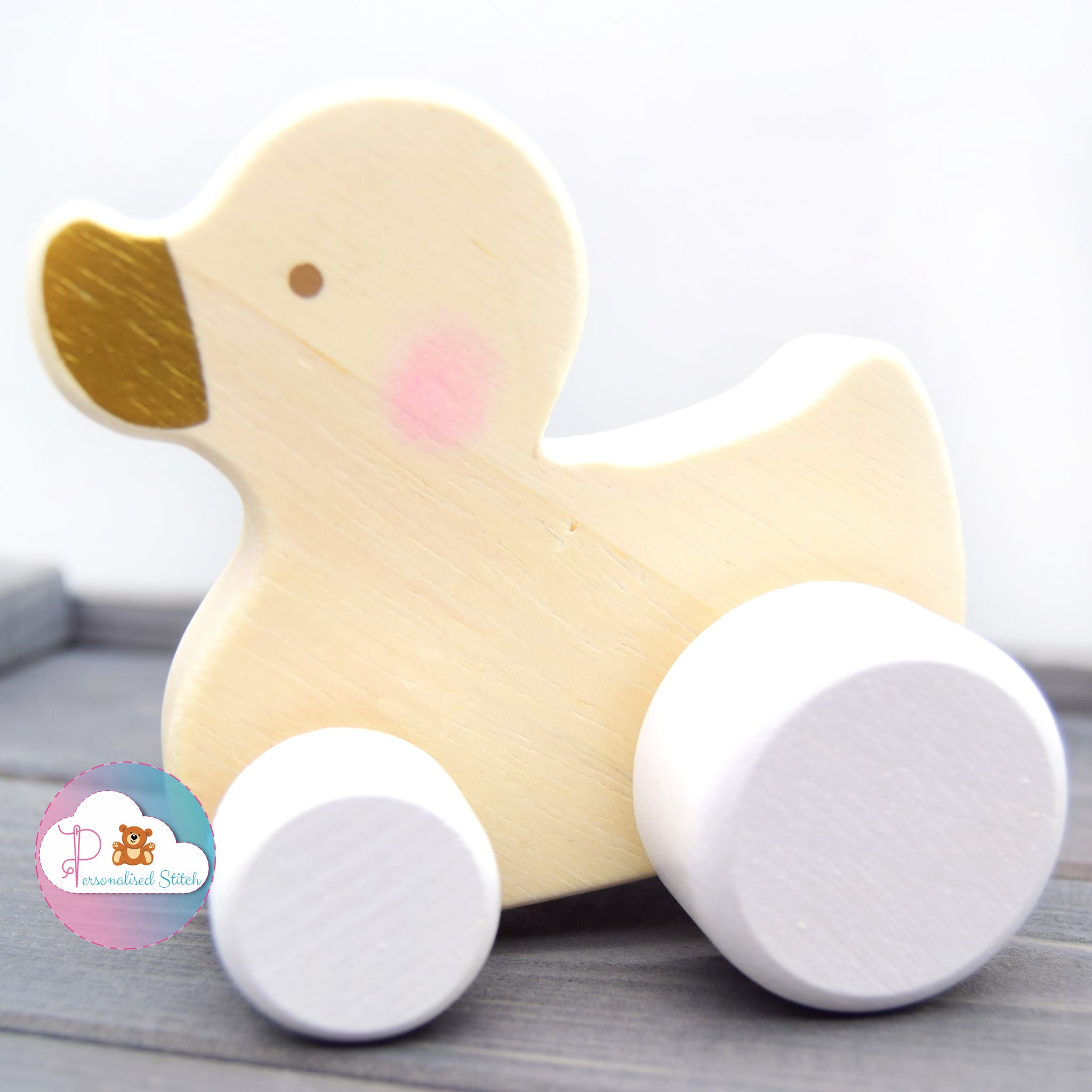 personalised baby wooden push along duck