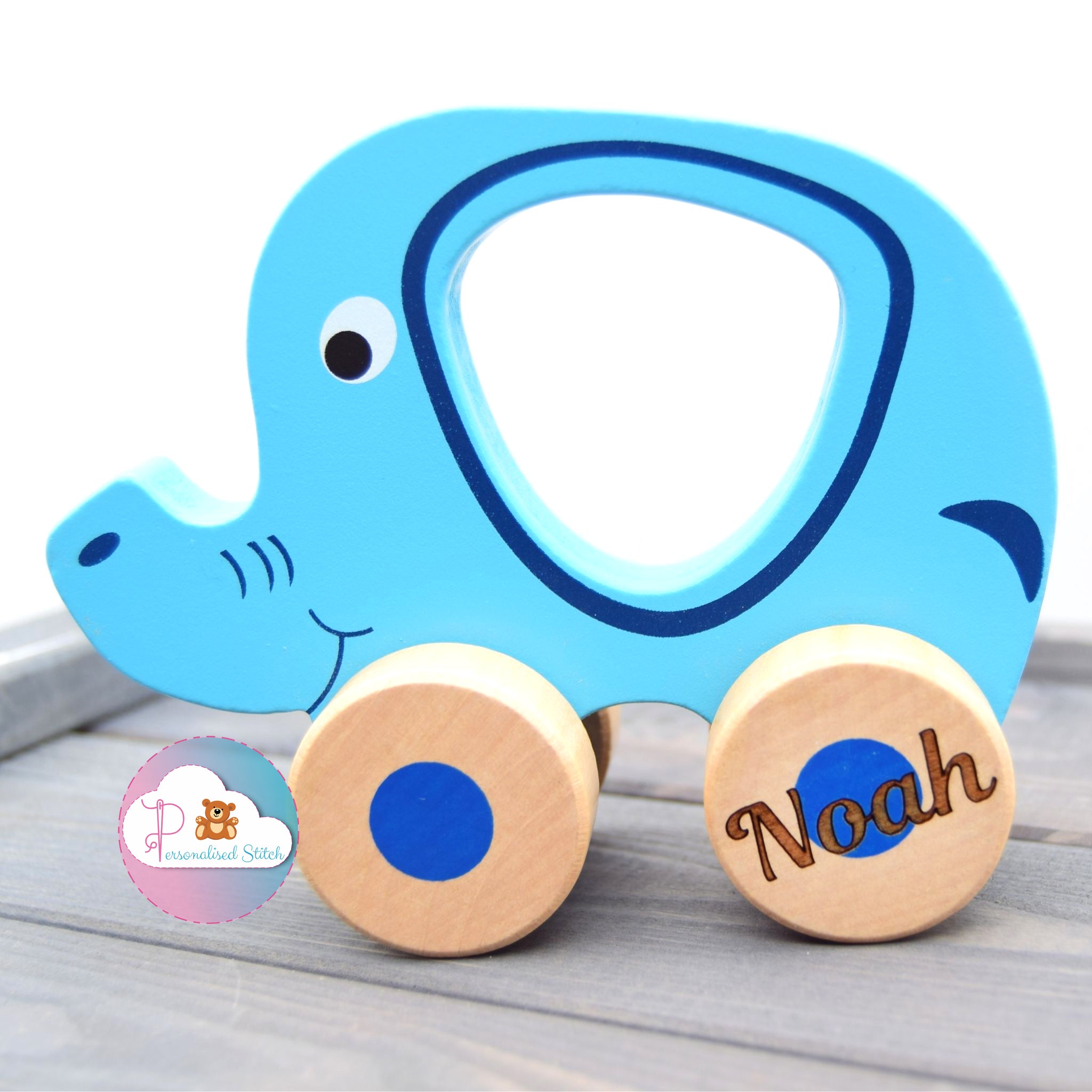 Personalised elephant wooden push along toy