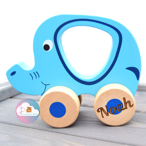 Personalised elephant wooden push along toy