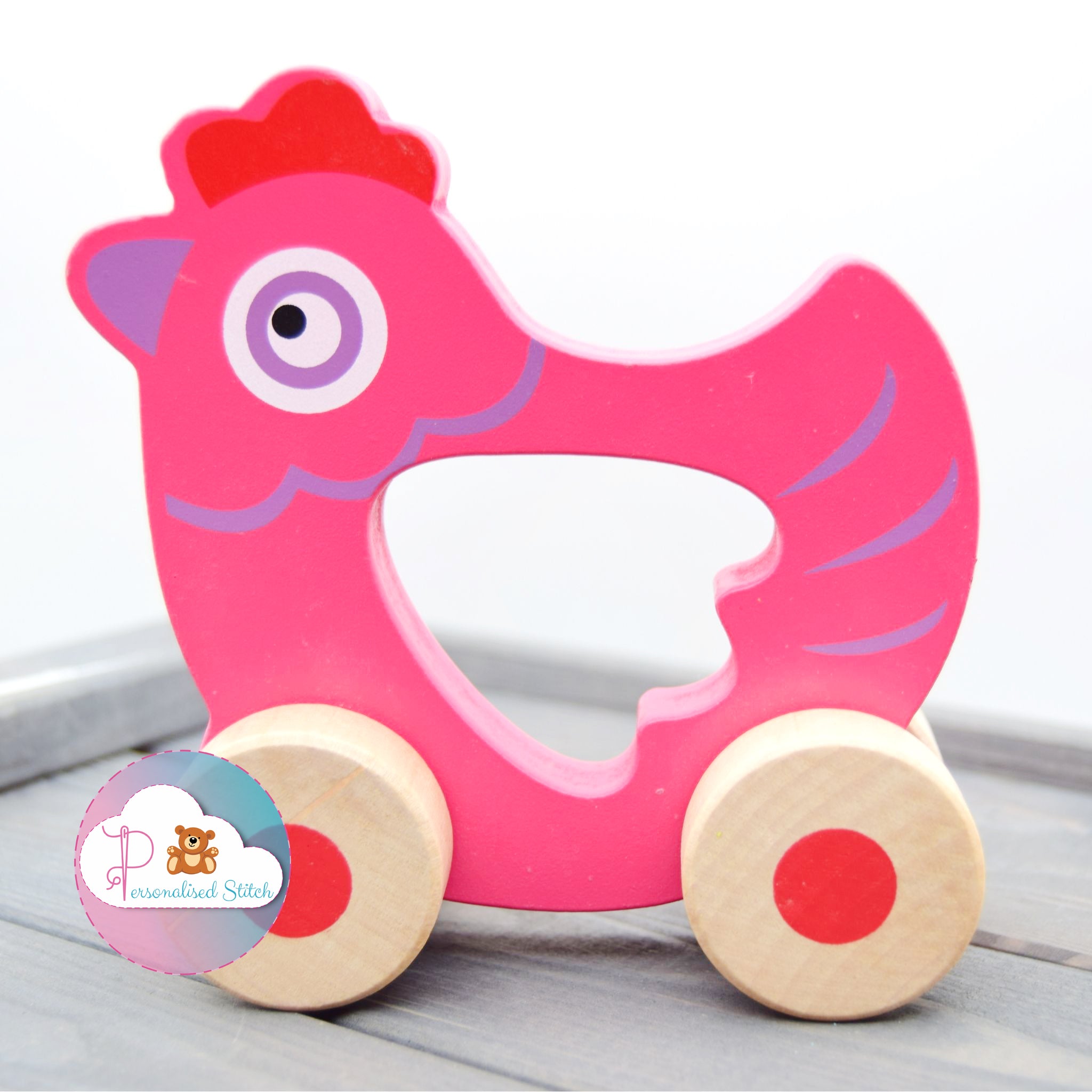 Personalised hen wooden push along toy