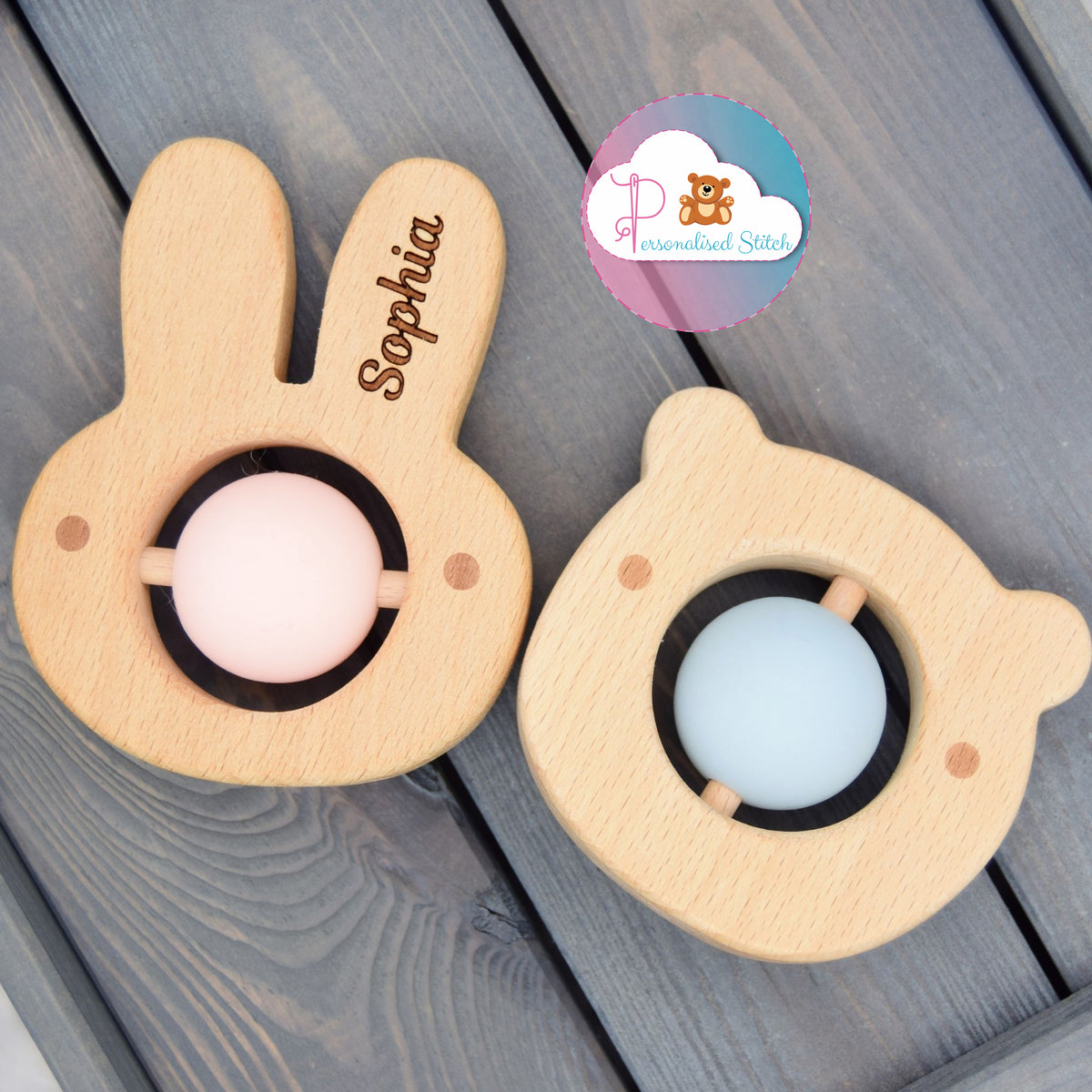 Personalised Baby Teether Bear & Rabbit – Personalised stitch