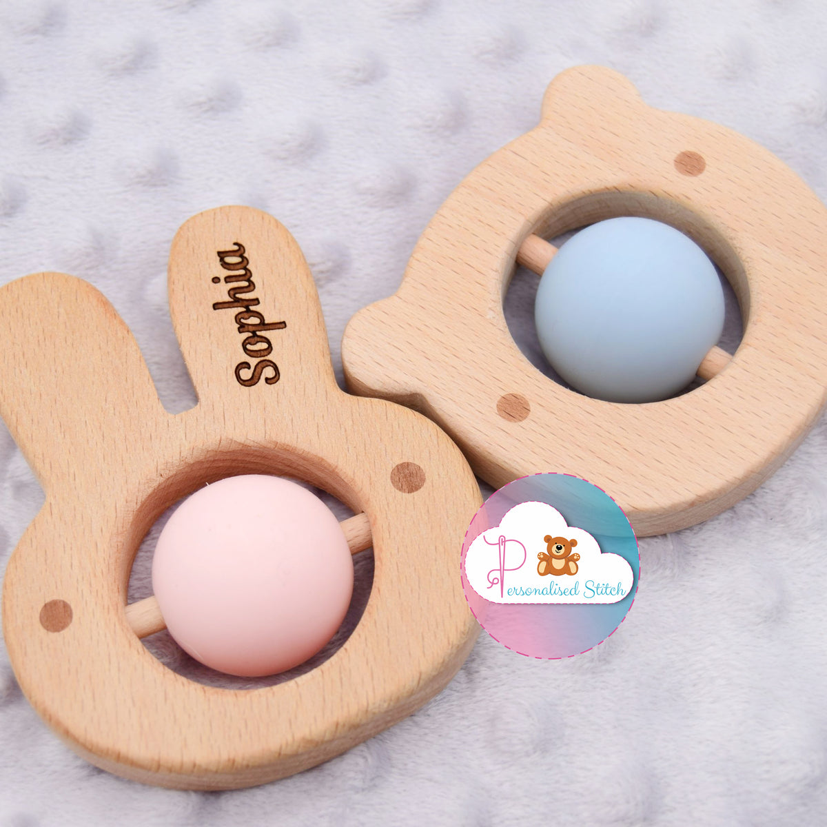 Personalised Baby Teether Bear & Rabbit – Personalised stitch