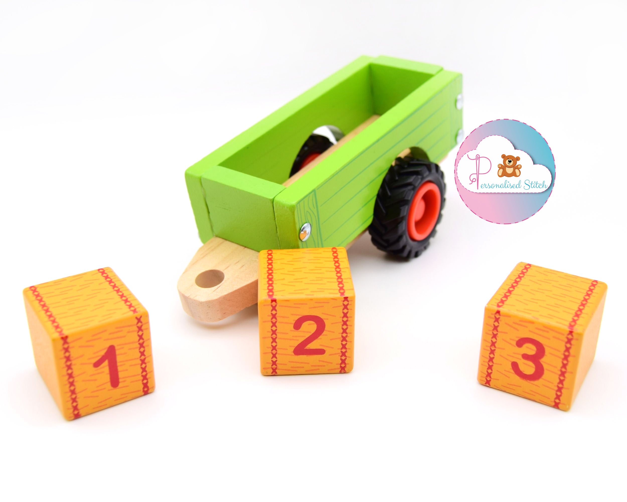 personalised wooden toy tractor set with hay bales