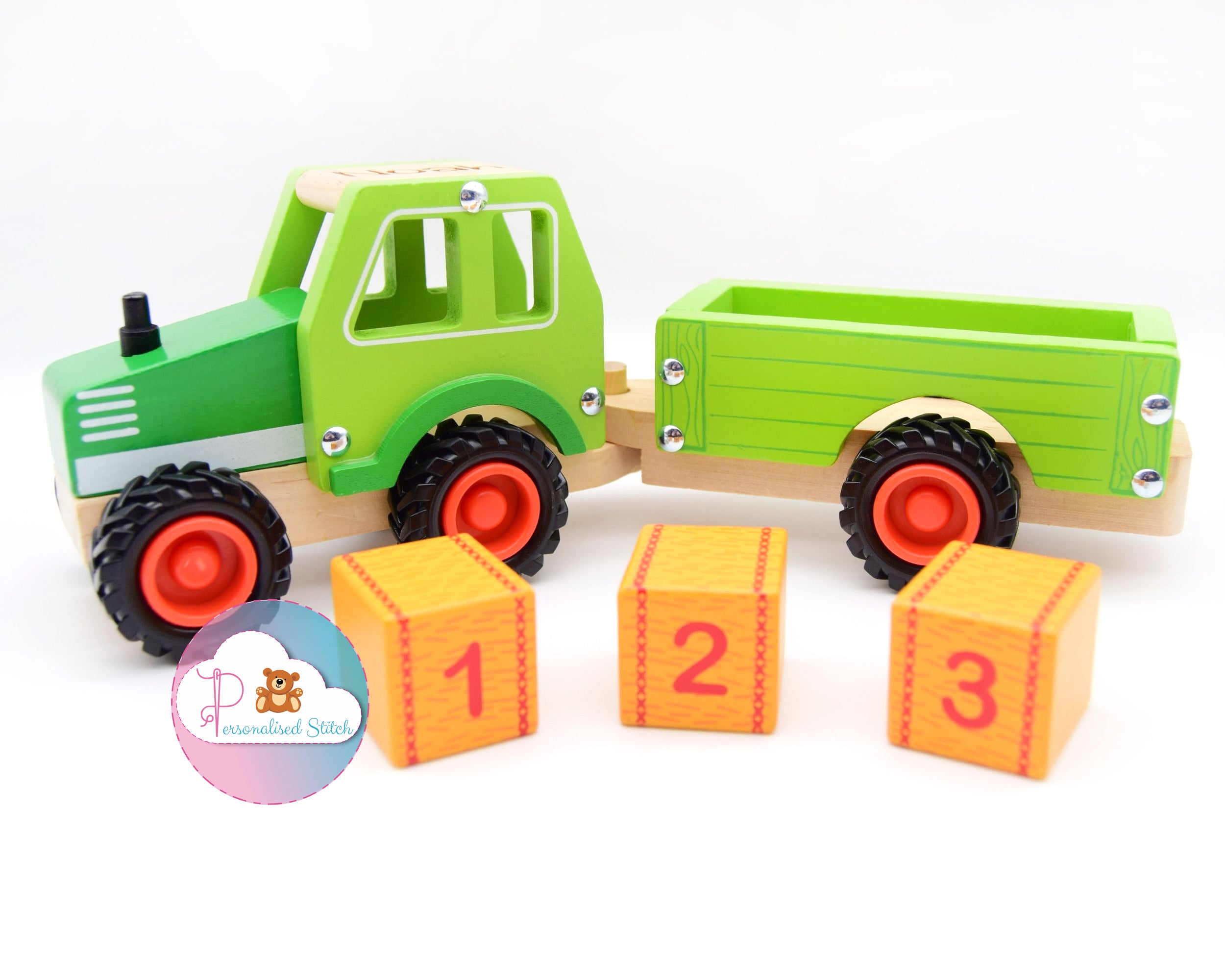 personalised wooden toy tractor set