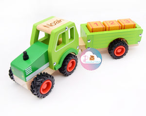 personalised green wooden toy tractor