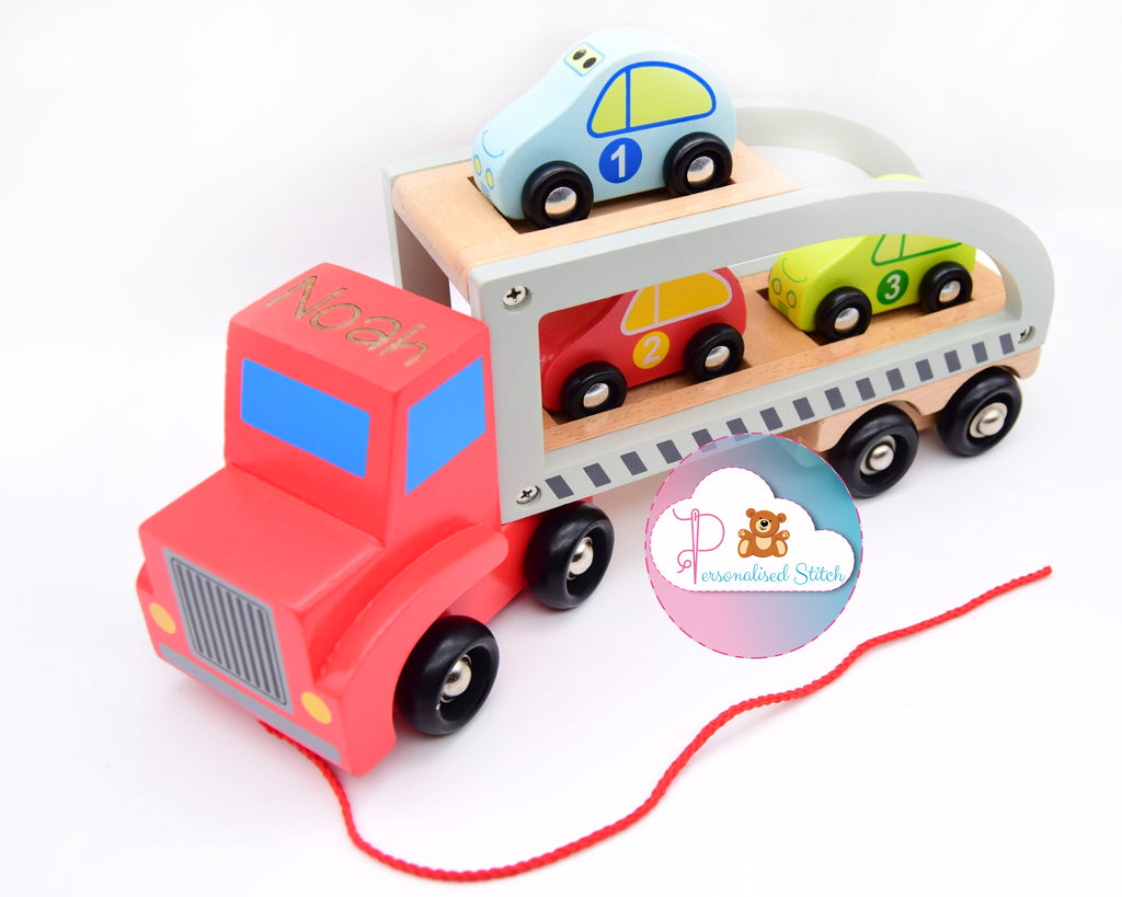 personalised wooden toy car transporter