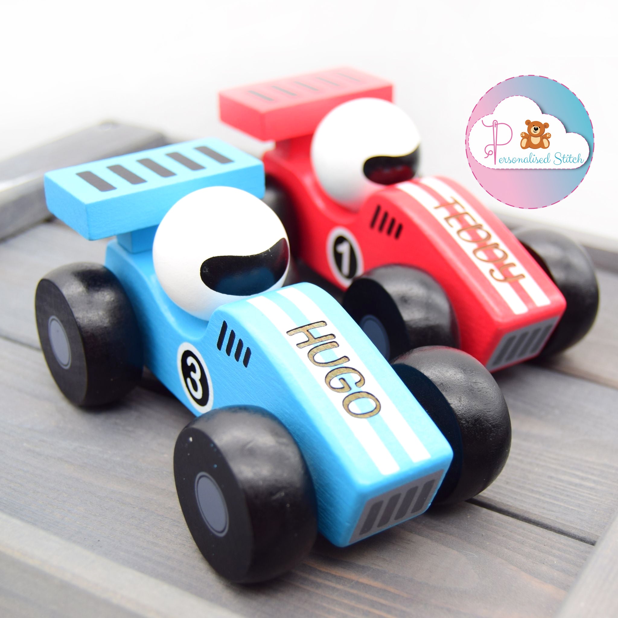 personalised wooden car red and blue