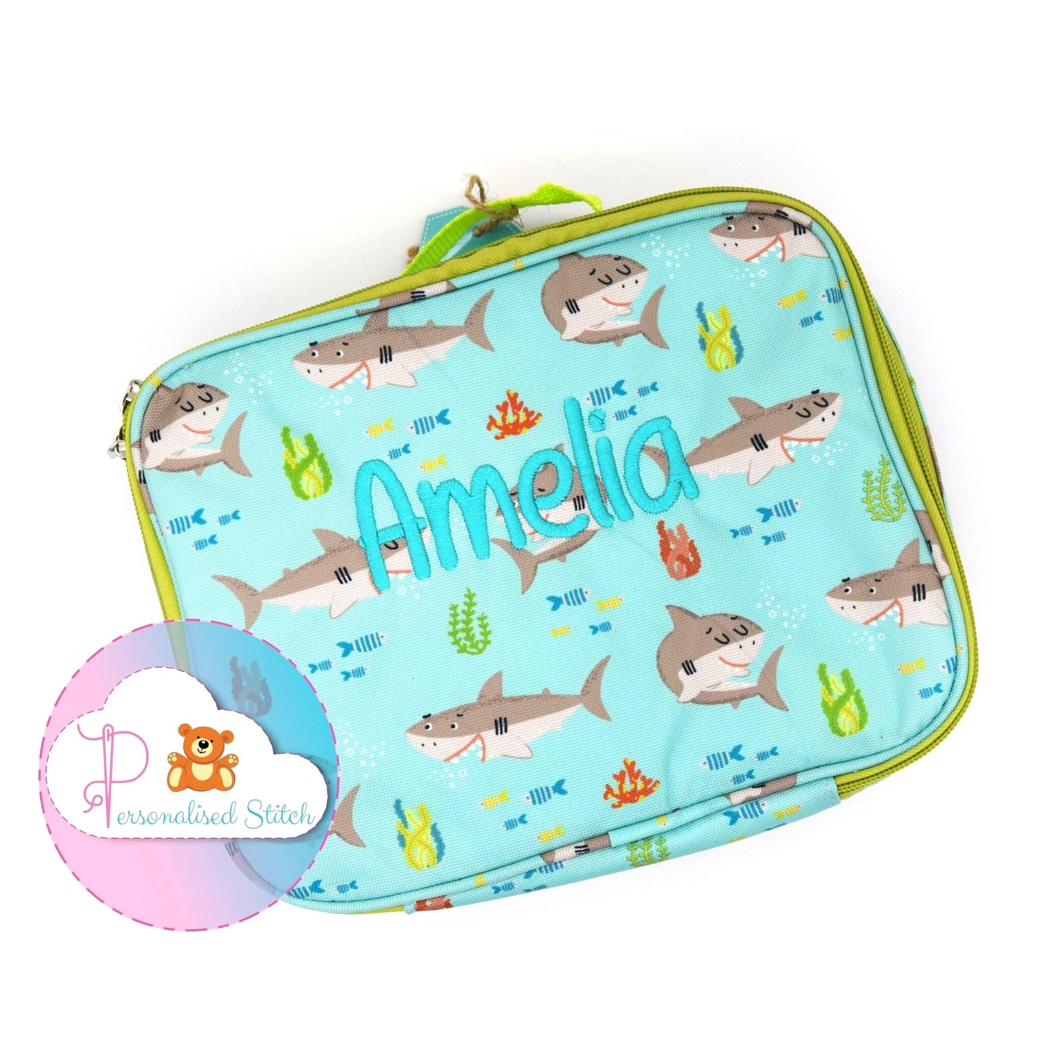 personalised shark lunch box embroidered