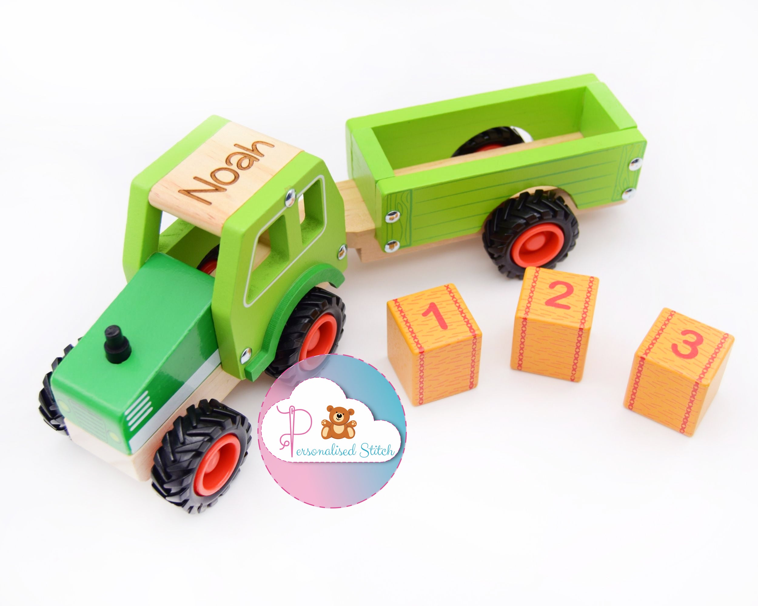 personalised wooden toy tractor trailer